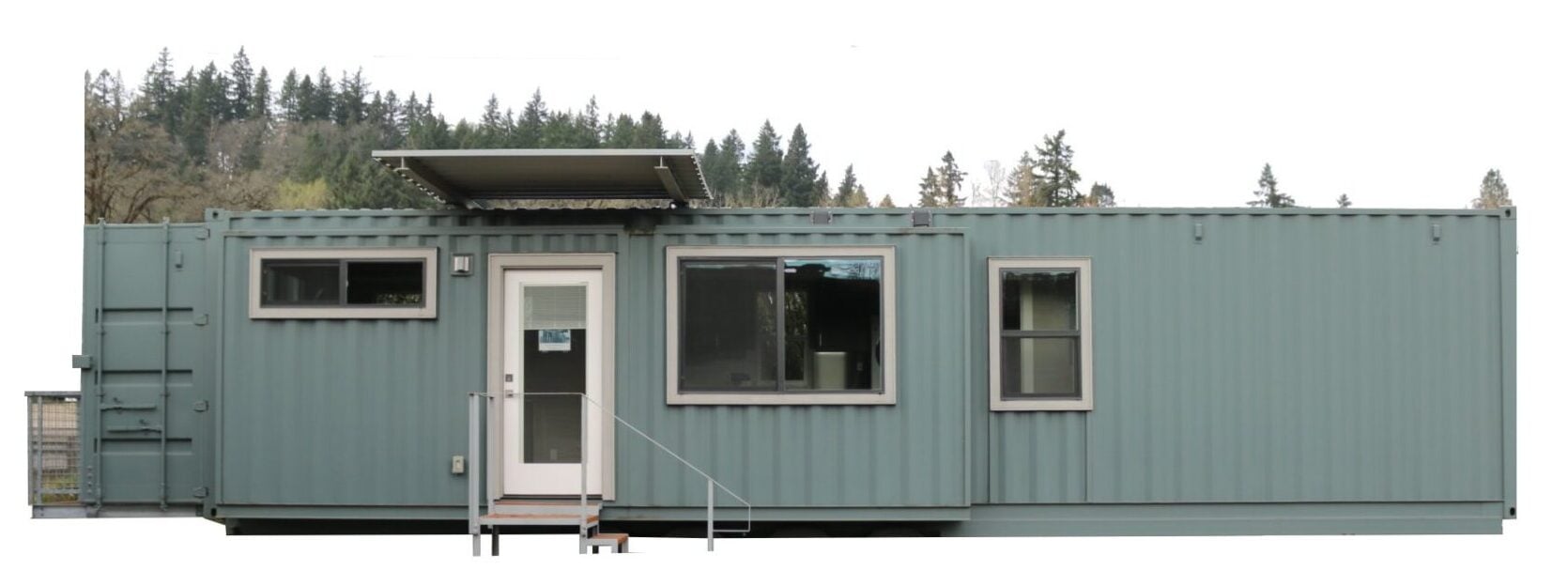 Sleek shipping container home featuring large windows, a modern design, and sustainable materials for eco-friendly living.